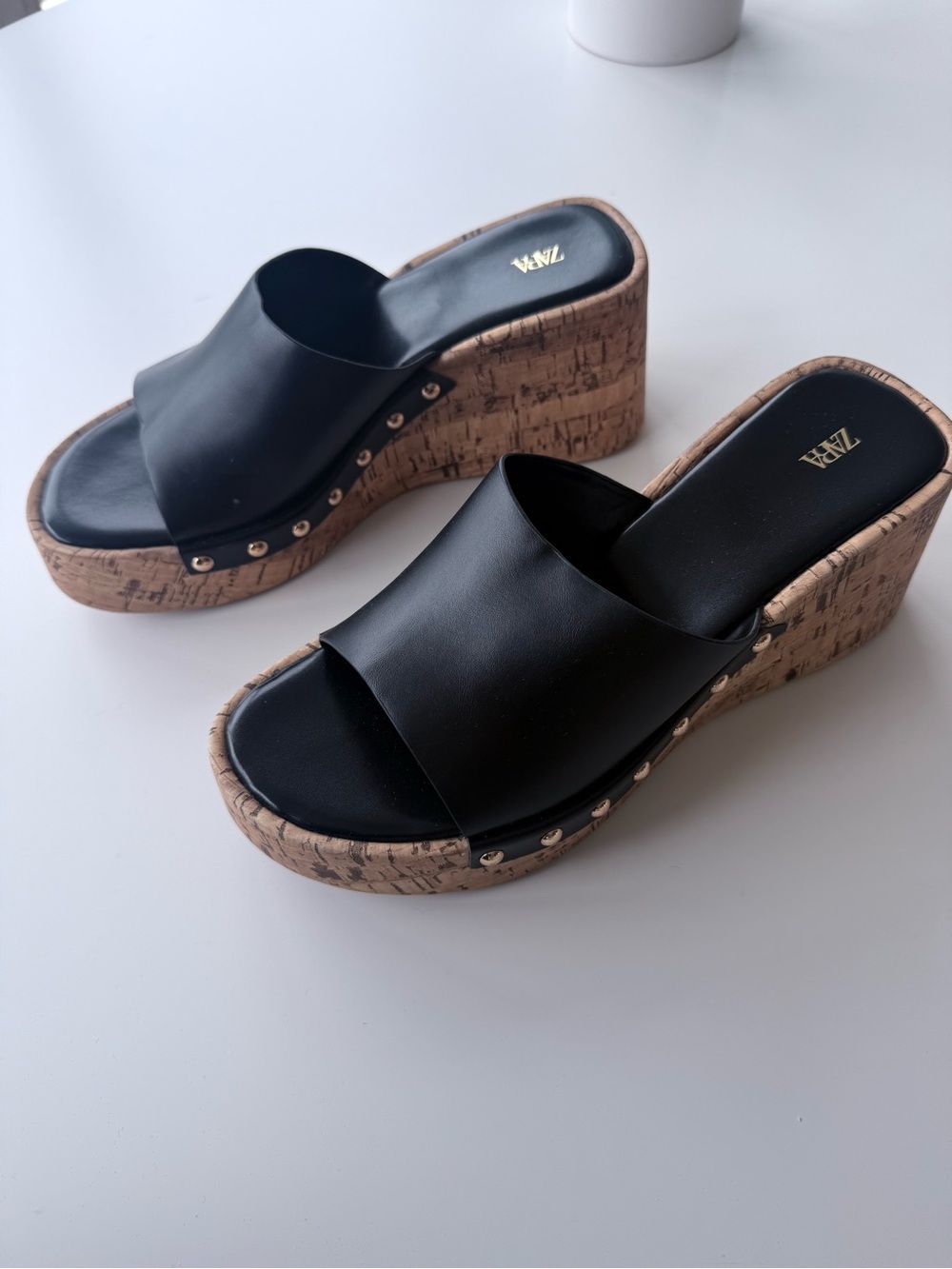 Zara Black Leather Cork Wedge Slides